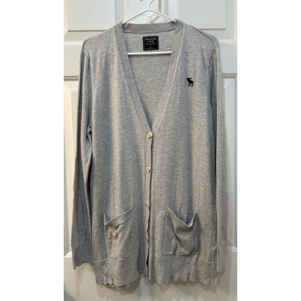 Abercrombie Fitch Lg Long Line Lightweight Cardigan Gray Knit Moose Logo Pockets